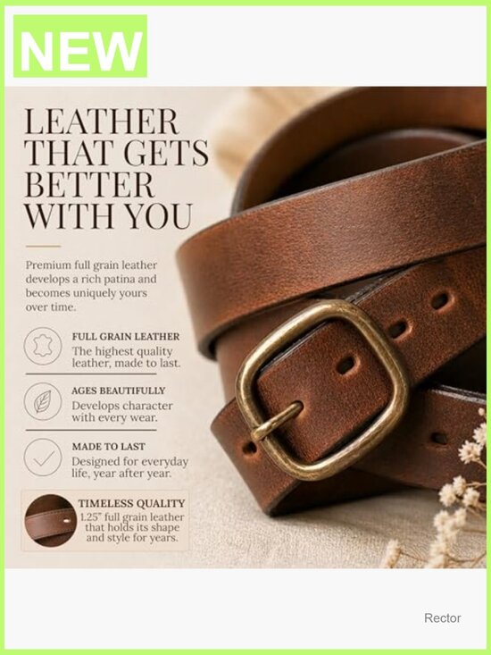 Genuine Full Grain Leather Belt 1.25in for Jeans - Made in USA